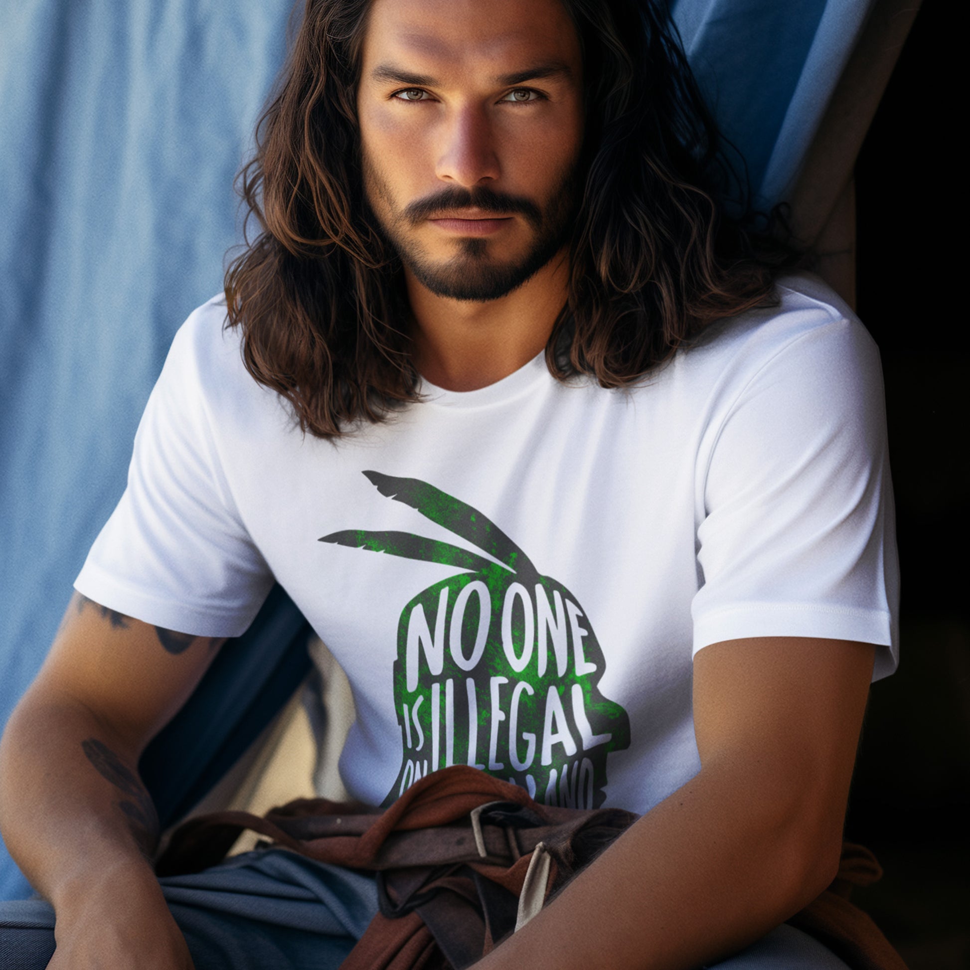 Model wearing a white unisex t-shirt with the green native american silhouette and message “NO ONE IS ILLEGAL ON STOLEN LAND,” a soft nature-themed land-back–inspired graphic from Blue Wave USA.