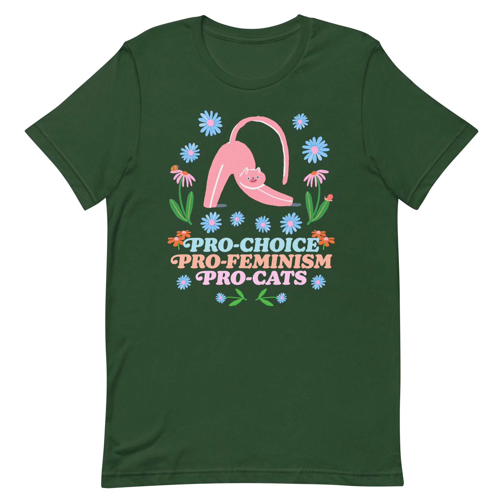 Front View Image: Pro-Choice Pro-Feminism Pro-Cats Unisex T-Shirt with floral cat design.