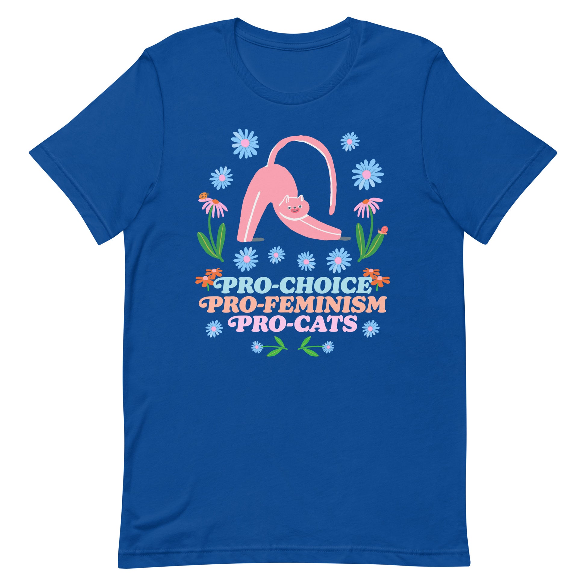 Front View Image: Pro-Choice Pro-Feminism Pro-Cats Unisex T-Shirt with floral cat design.