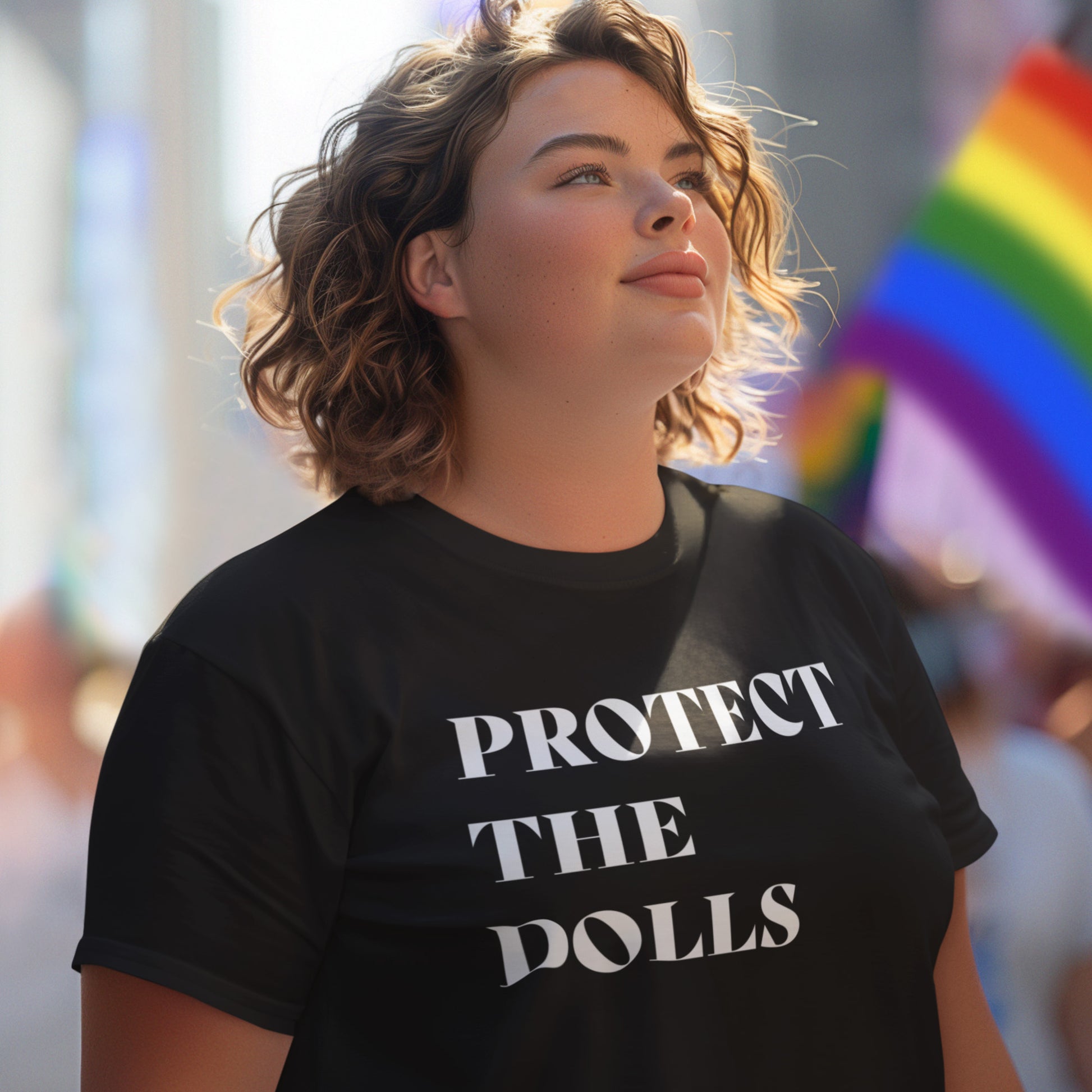 Model wearing black unisex classic t-shirt featuring bold white serif typography reading “Protect The Dolls,” shown outdoors with rainbow flag in background.