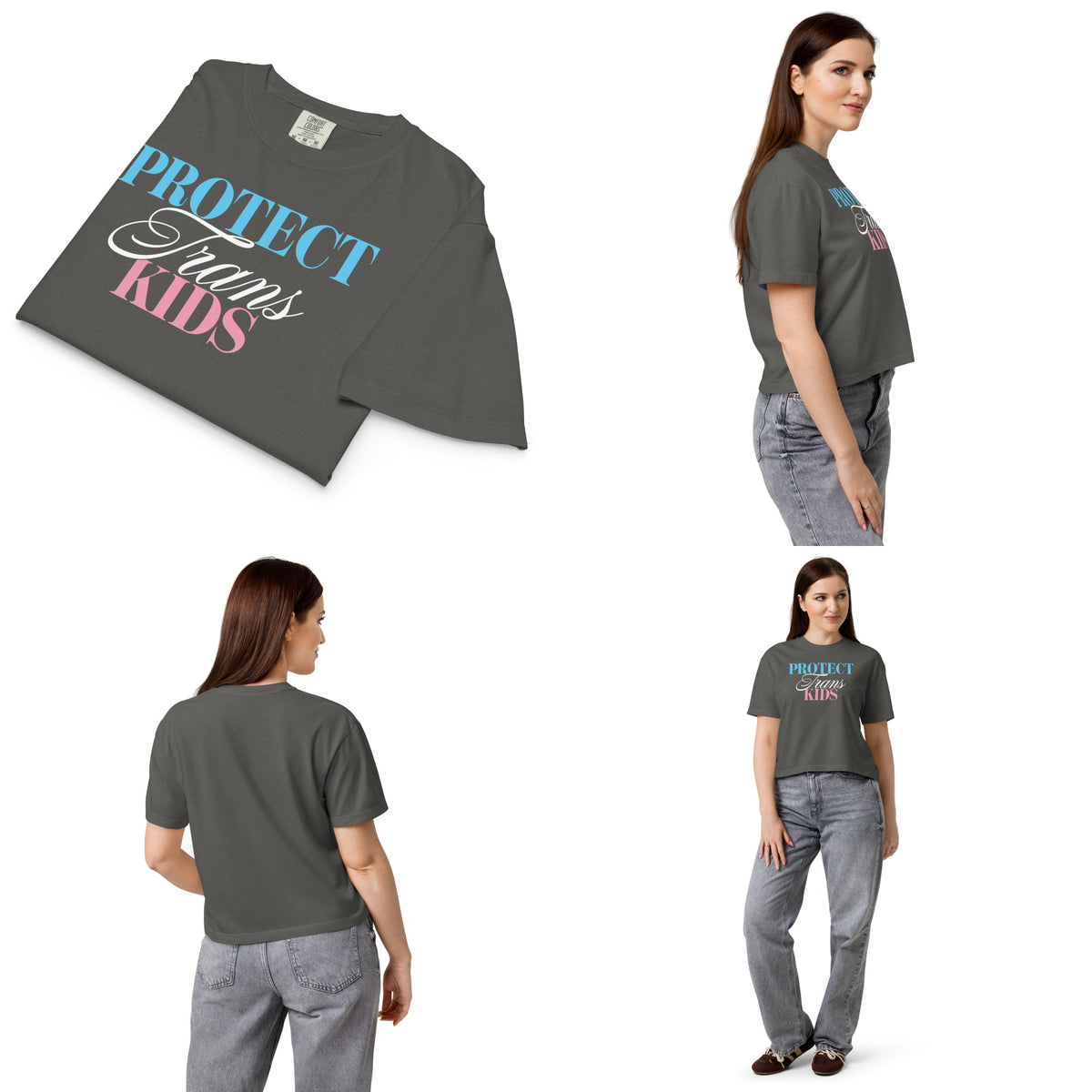 Women’s boxy tee shown from multiple angles on a model, highlighting the relaxed cropped fit and “Protect Trans Kids” front graphic.