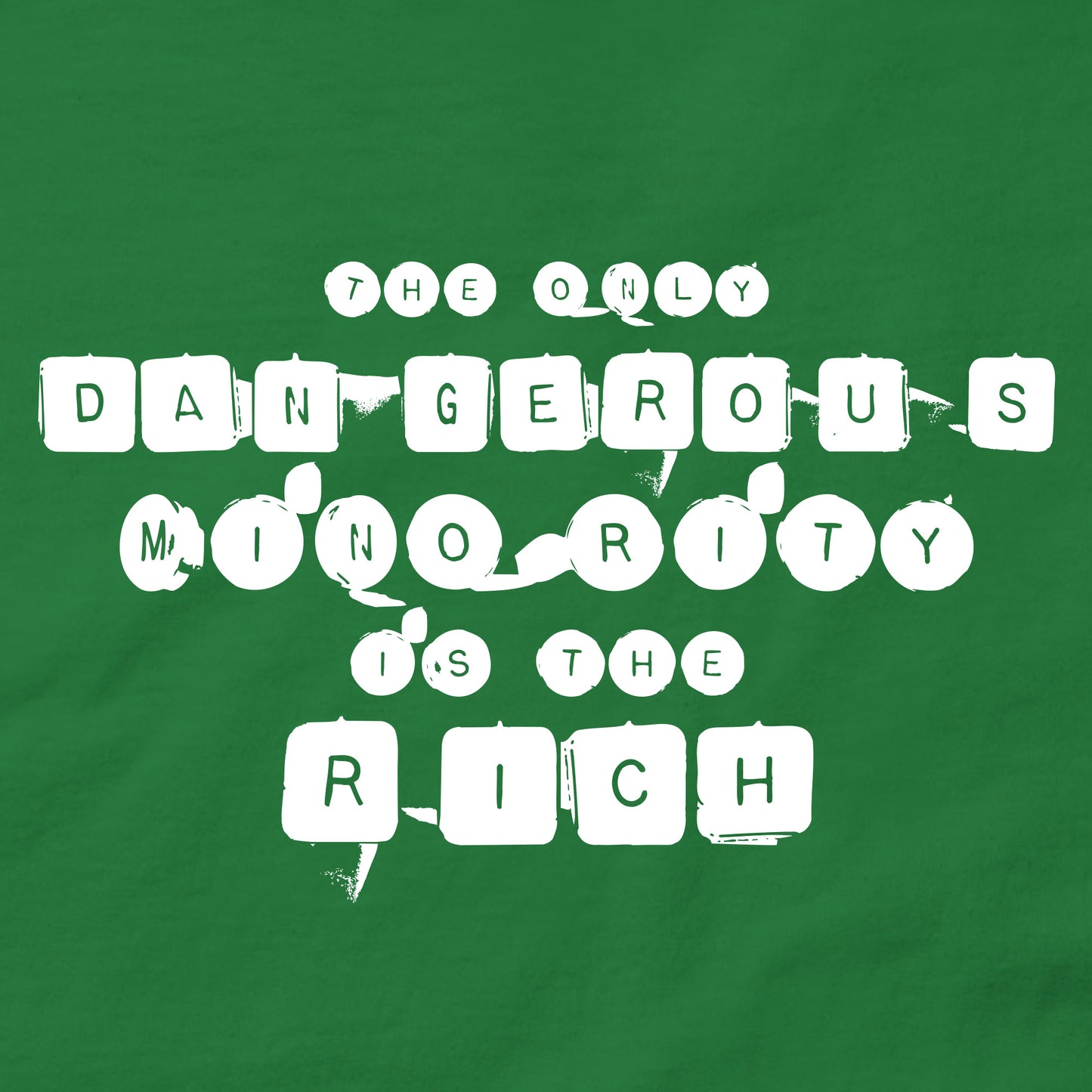 Close-up of green t-shirt showing typewriter-style activist text design, anti-oligarchy protest apparel statement.