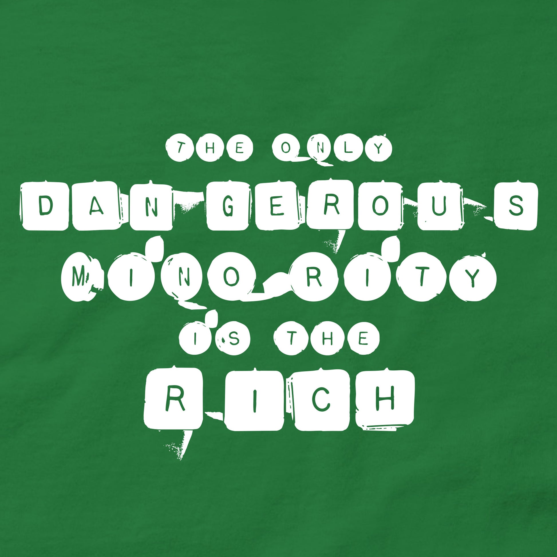 Close-up of green t-shirt showing typewriter-style activist text design, anti-oligarchy protest apparel statement.