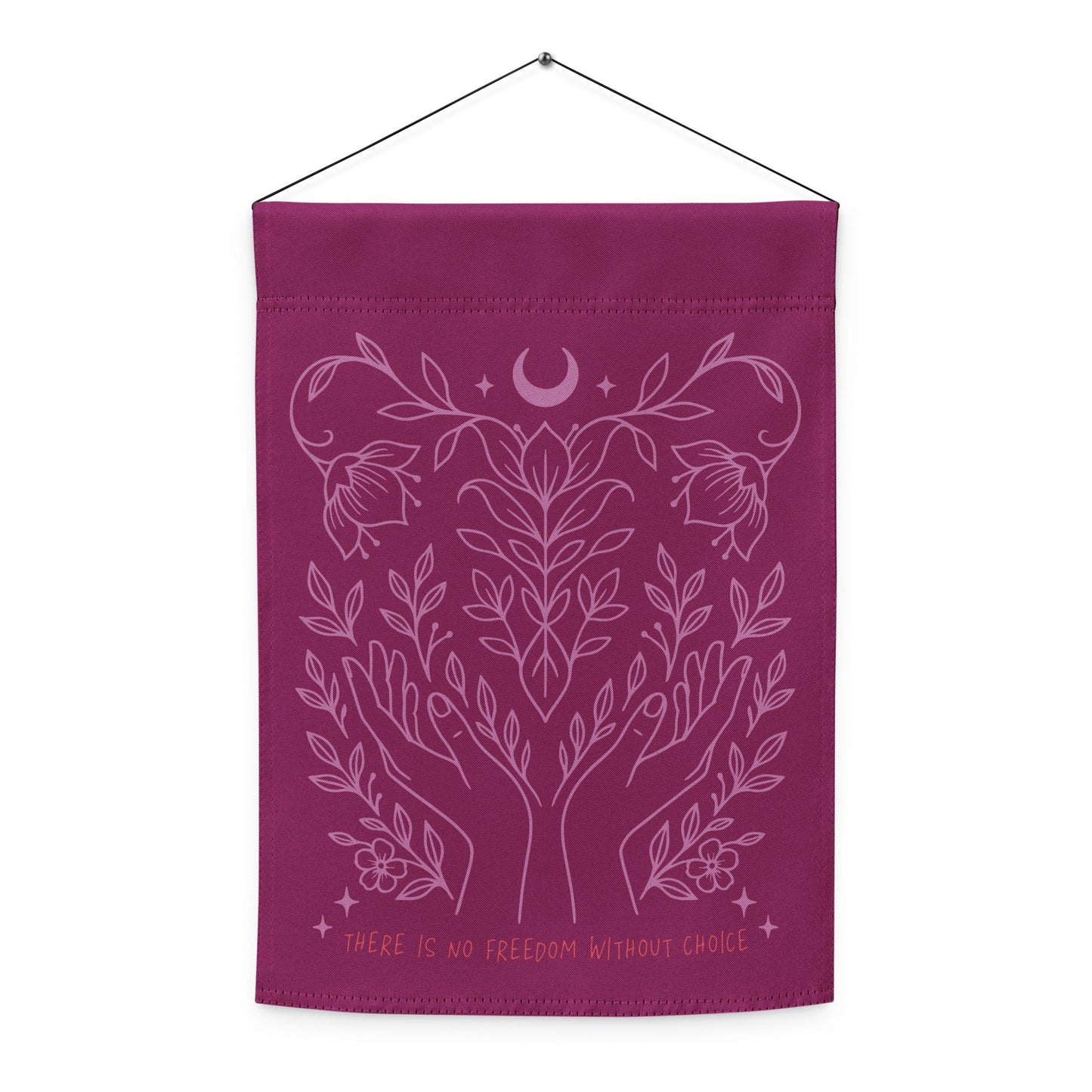 Front-facing view of the “There Is No Freedom Without Choice” flag, featuring symmetrical floral and celestial artwork for reproductive rights.