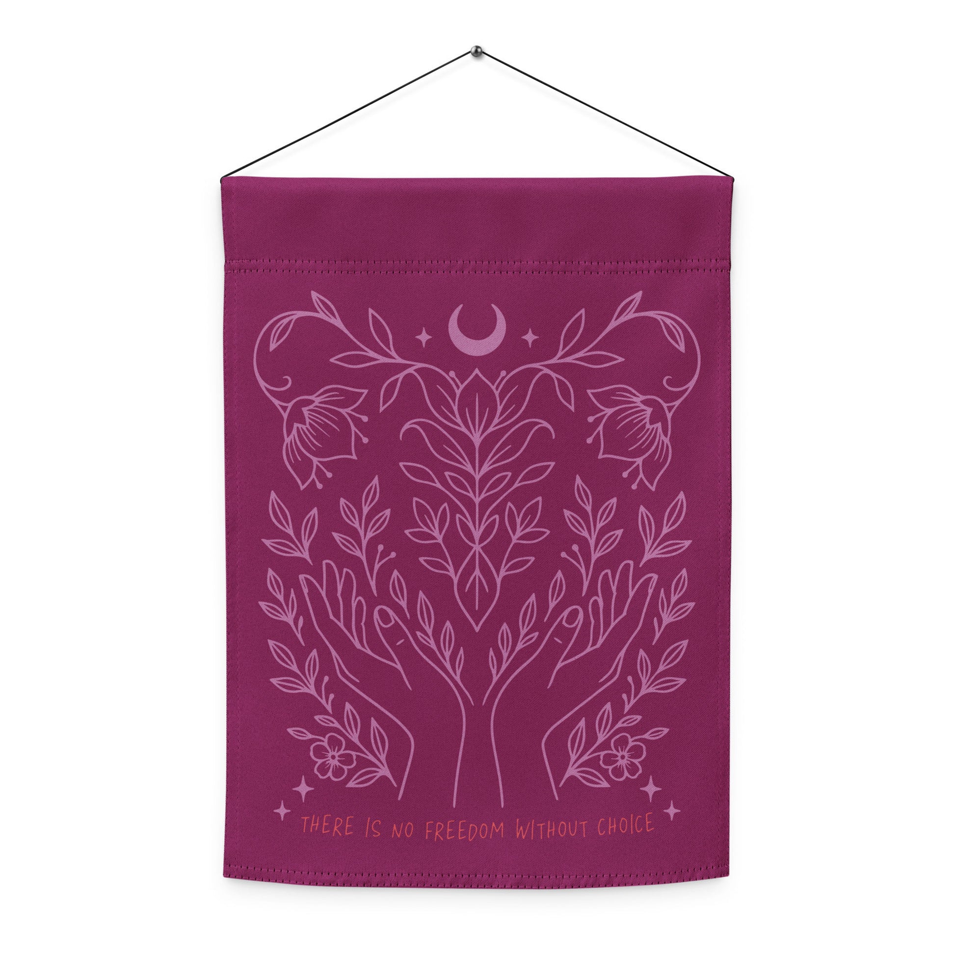 Front-facing view of the “There Is No Freedom Without Choice” flag, featuring symmetrical floral and celestial artwork for reproductive rights.