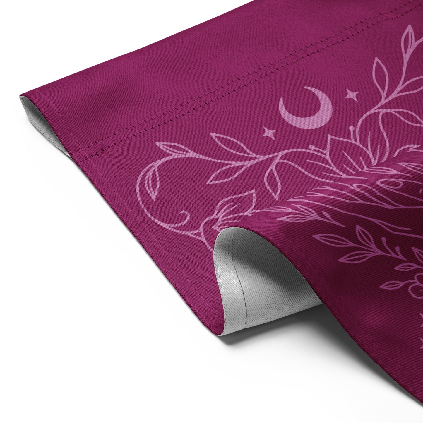 Close-up of the plum flag’s folded edge showing detailed pink line art and durable fabric texture. Eco-conscious printing by Blue Wave USA.