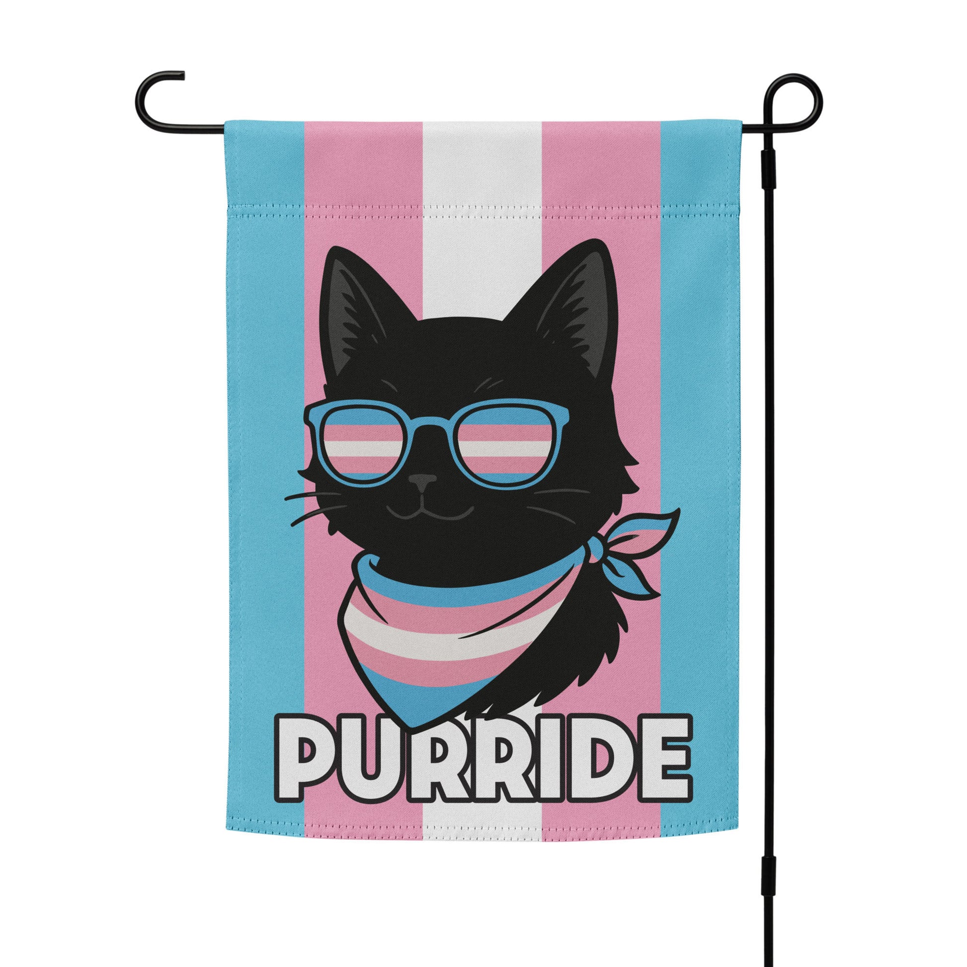 Trans Pride “Purride” garden flag on a flag stand, with bold black cat design over pink, white, and blue stripes.