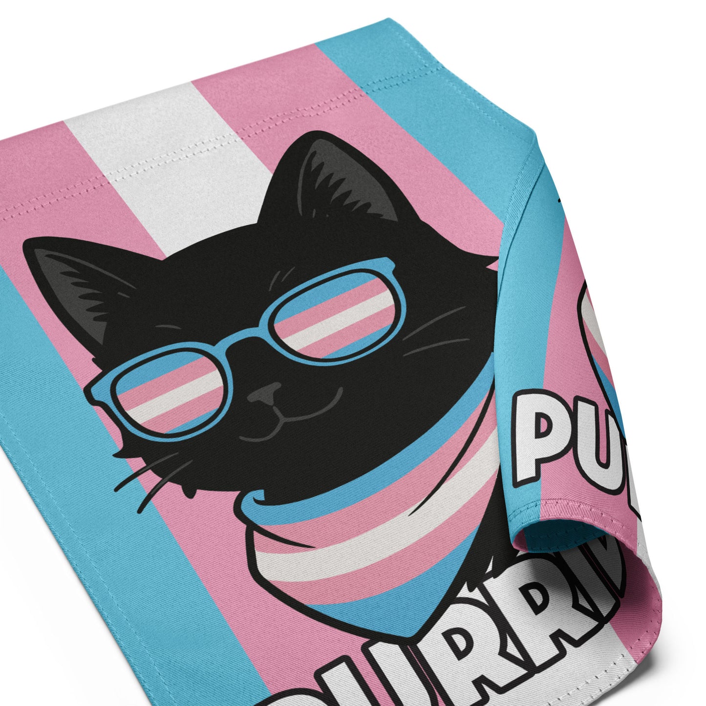 Close-up folded view of the garden flag fabric, showing stitched edges, trans pride stripes, and the cat graphic with sunglasses and partial “PURRIDE” text.