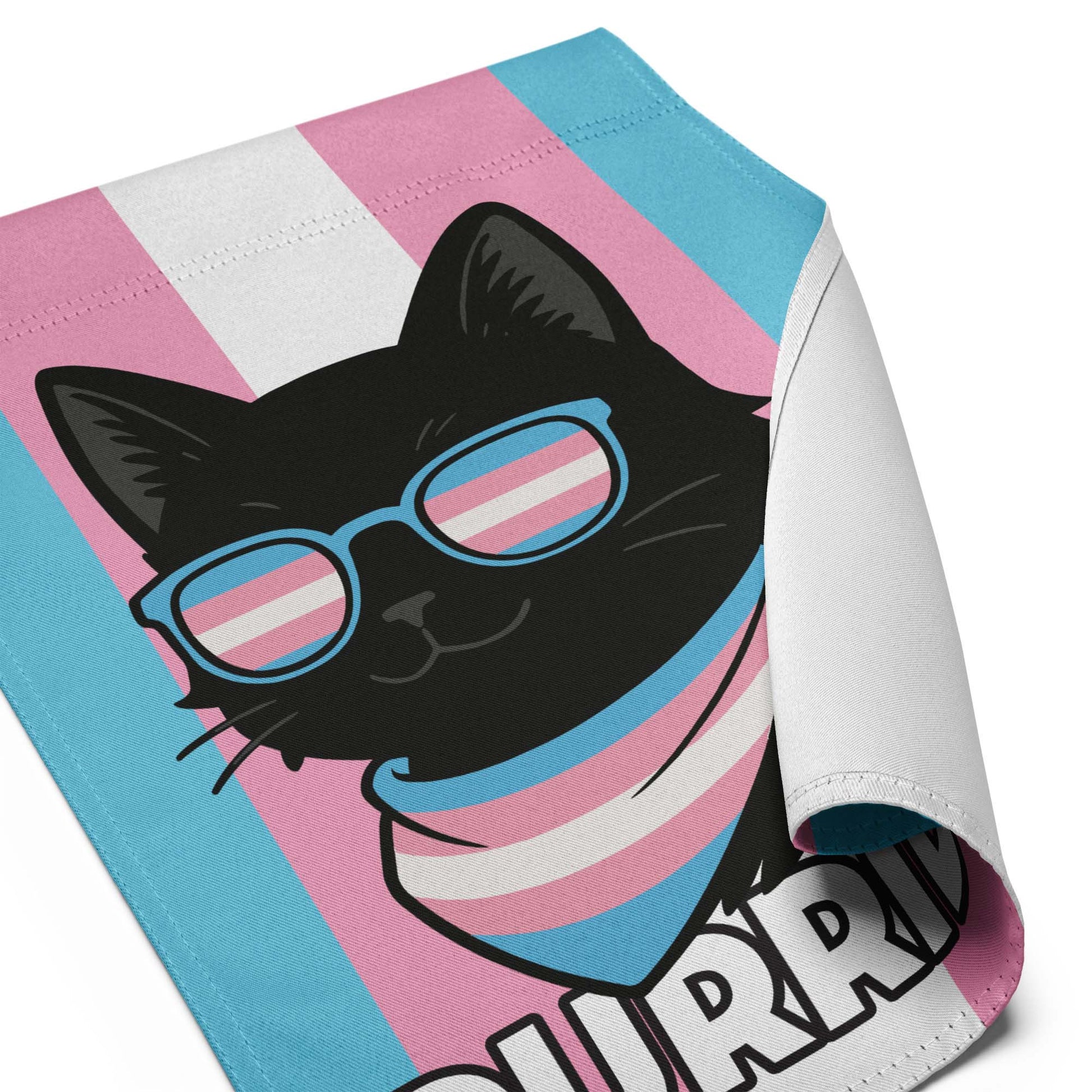 Close-up of the “Purride” Trans Pride cat garden flag, showing curled fabric edge with black cat design and transgender pride colors.