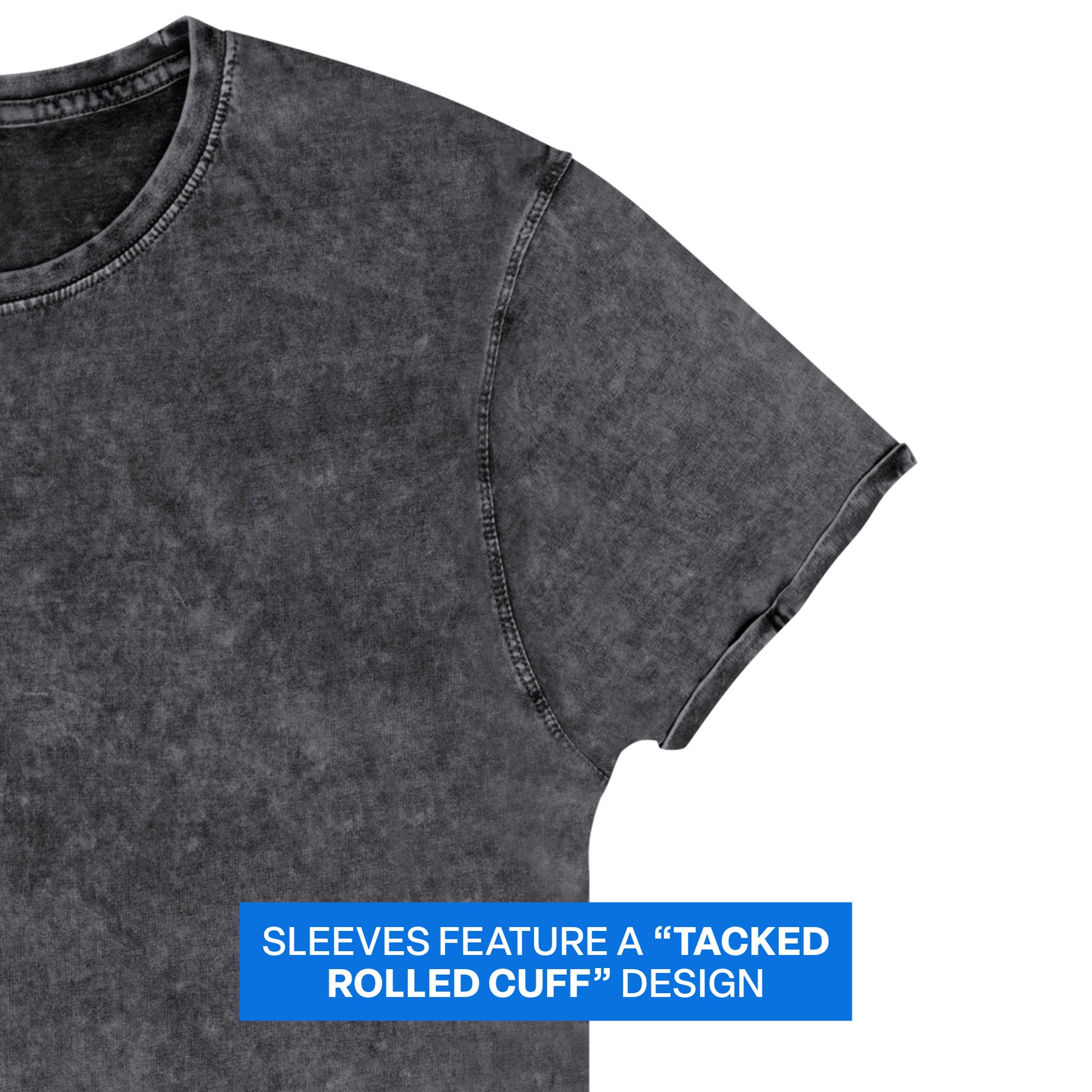Close-up of vintage black denim t-shirt sleeve featuring tacked rolled cuff detail on denim wash fabric with casual retro-inspired construction.