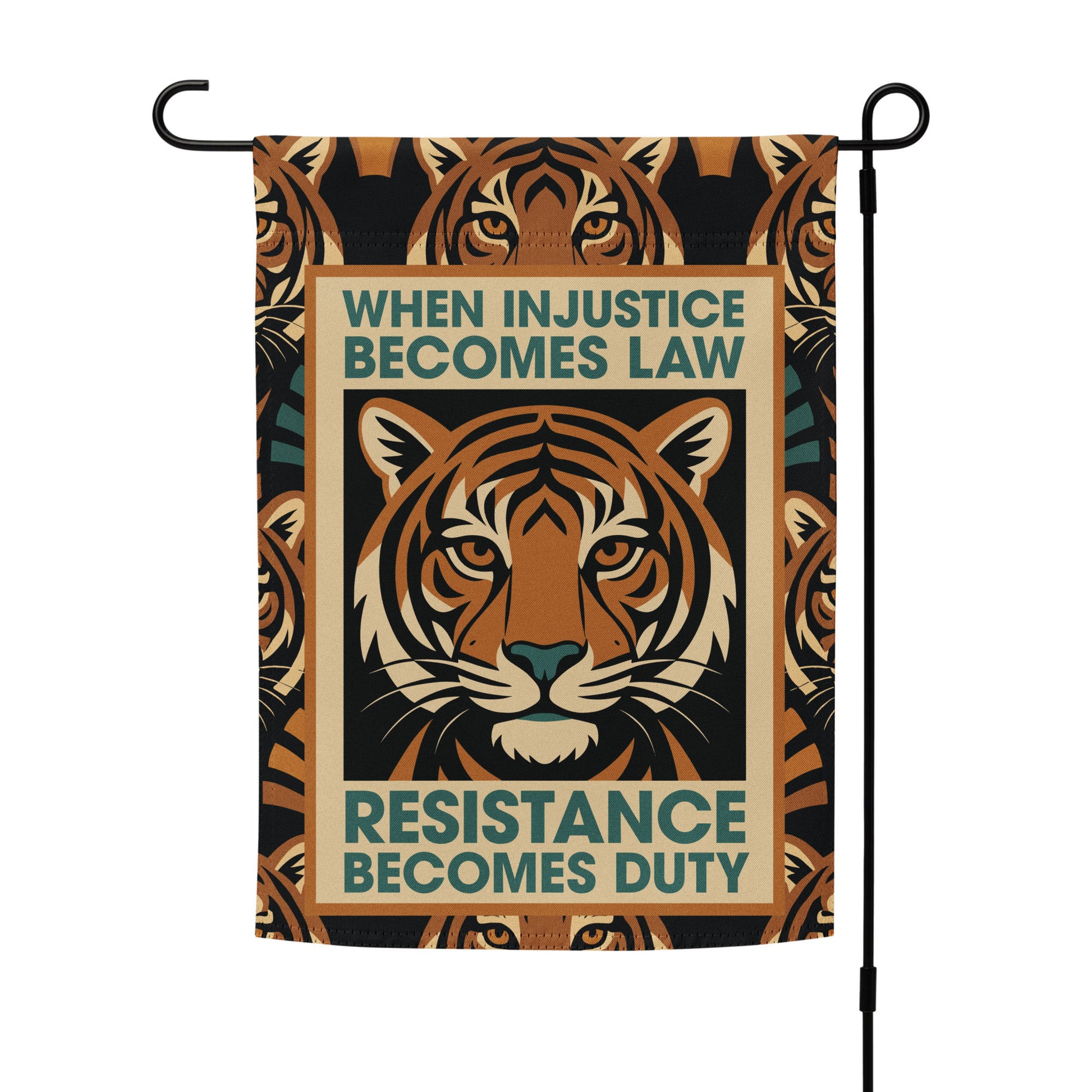 Lifestyle Image: Progressive Art Deco Tiger Resistance Garden Flag displayed on a flag stand
