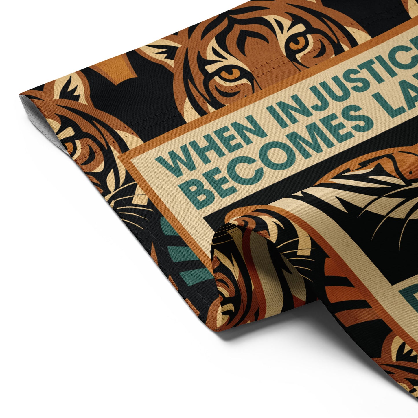 Close-Up of Design: Close-up of Art Deco Tiger with activist message on When Injustice Becomes Law Progressive Garden Flag