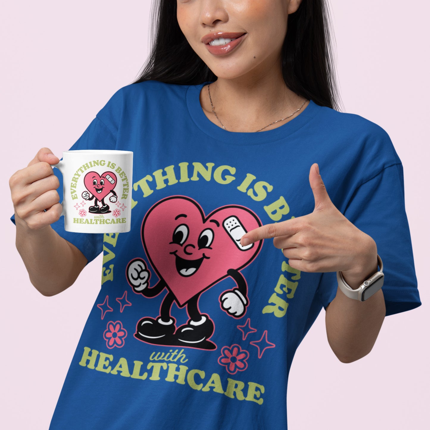 Model in blue “Everything Is Better with Healthcare” shirt smiling and holding matching mug. Designed by Blue Wave USA to support universal healthcare.