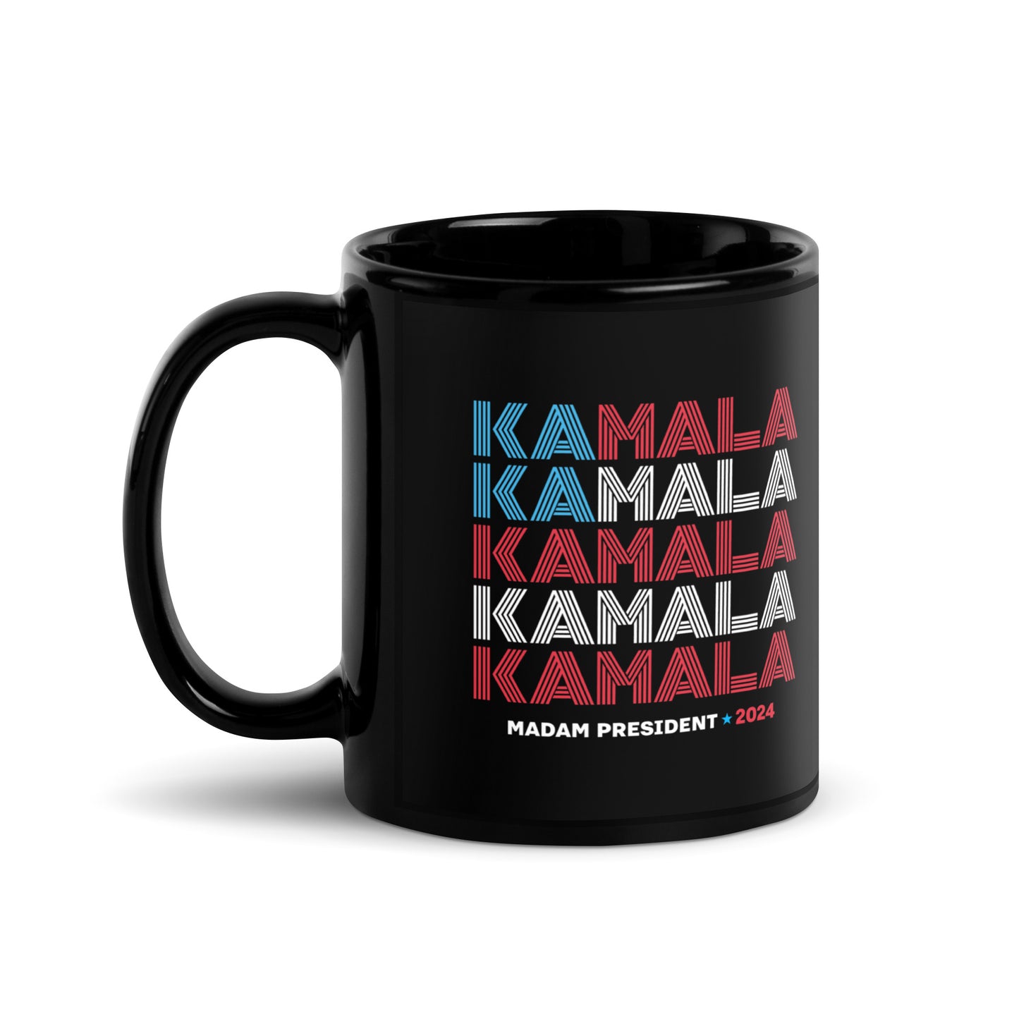 American Flag KAMALA Harris Madam President 2024 Black Glossy Mug