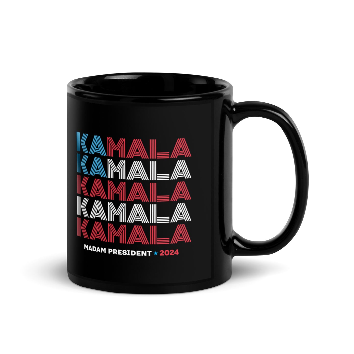 American Flag KAMALA Harris Madam President 2024 Black Glossy Mug