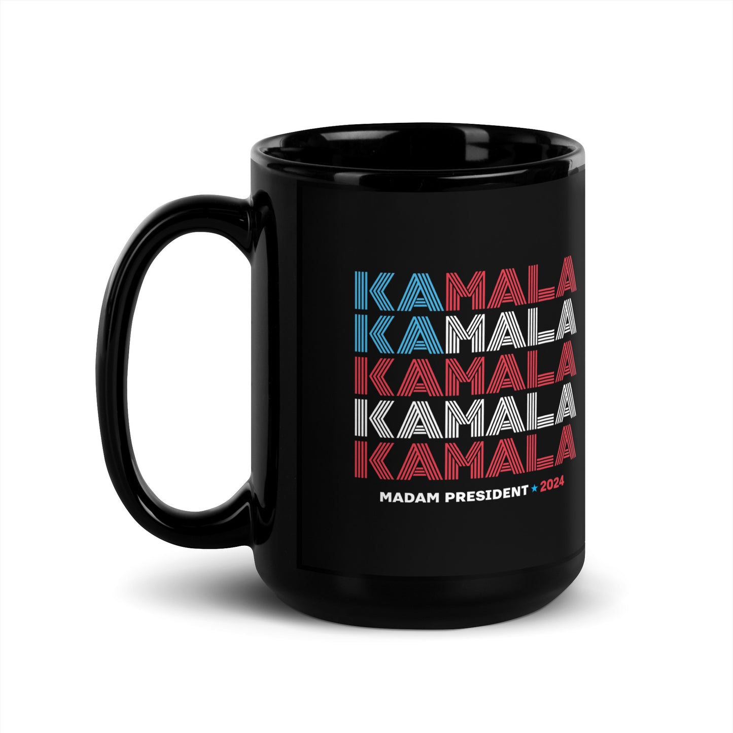 American Flag KAMALA Harris Madam President 2024 Black Glossy Mug