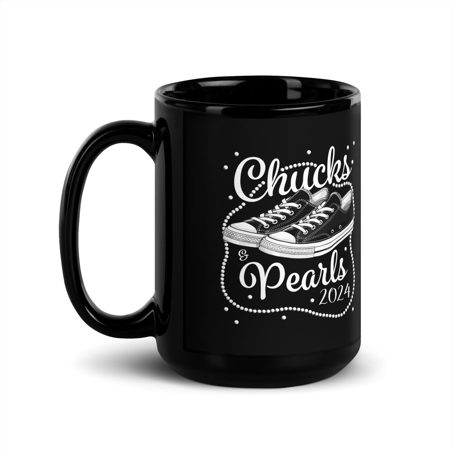 Chucks & Pearls 2024 Kamala Harris Black Glossy Mug