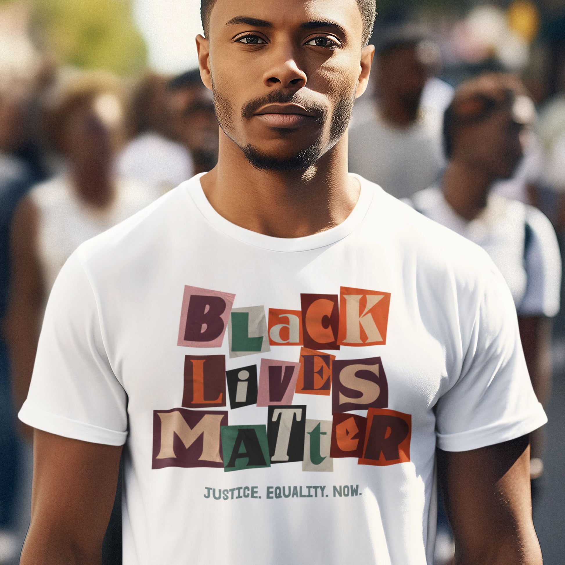 Person wearing a white Black Lives Matter collage-style shirt with earthy lettering tones that pop against the bright background — bold, creative, and made to amplify truth.