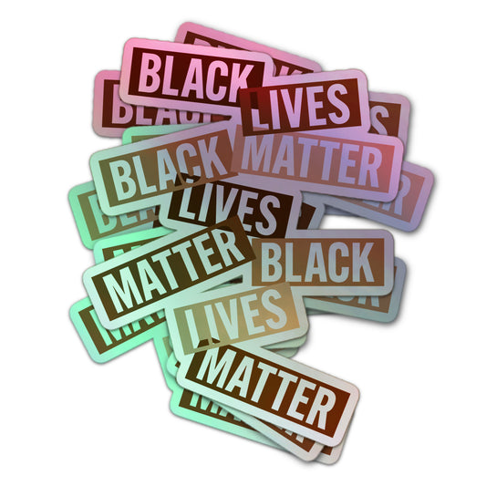 “Black Lives Matter” holographic sticker featuring bold block text in melanin brown tones, repeating in a scattered pattern.