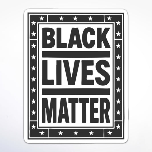 Protest sticker reading “Black Lives Matter” in large black text, square shape with star accents.