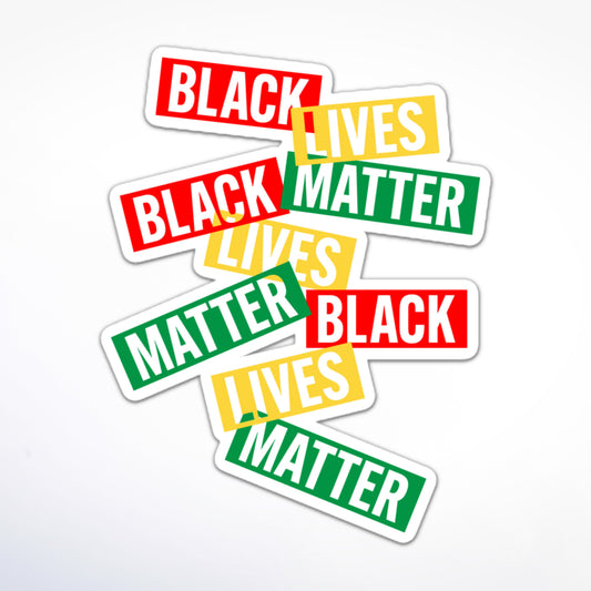 “Black Lives Matter” text in striking red, yellow, and green rectangles, bubble-free sticker design for racial equality and activism.