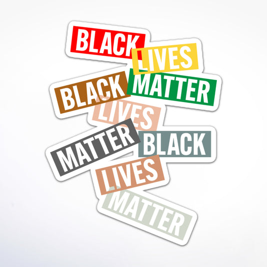 Colorful BLM sticker with stacked rectangles displaying "Black Lives Matter" in different styles, protest sticker for racial justice and equality.