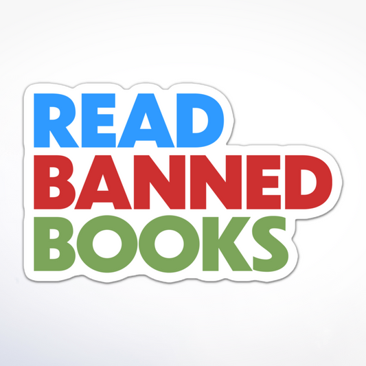 Read Banned Books sticker, three-color stacked text for book lovers and protest.