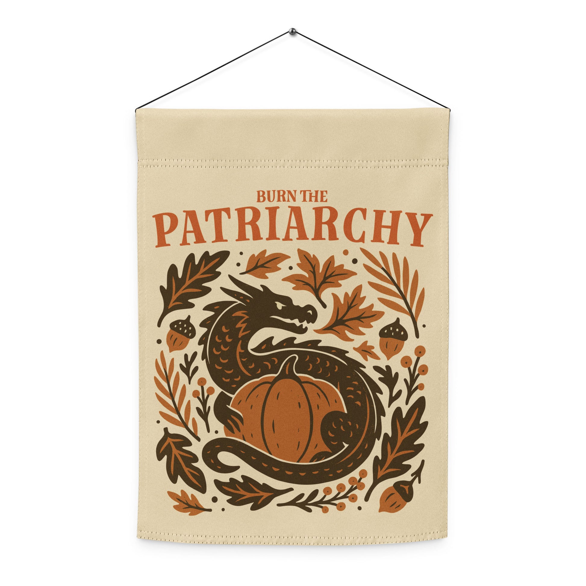 “Burn the Patriarchy” feminism dragon flag for home or patio display, Blue Wave USA progressive home accent for the season.