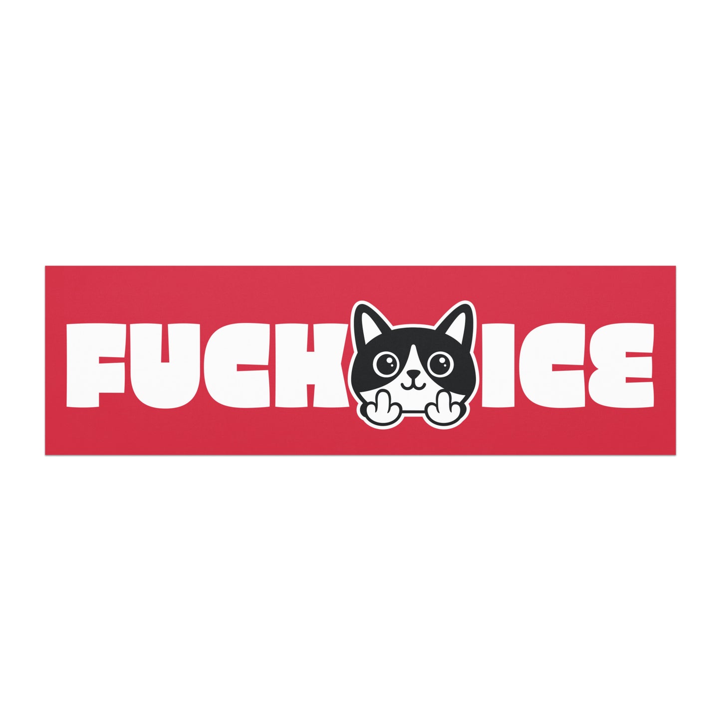 Rectangular car magnet featuring bold graphic cartoon cat flipping the middle finger, thick white line art on red background, horizontal layout, printed message “FUCK ICE.”