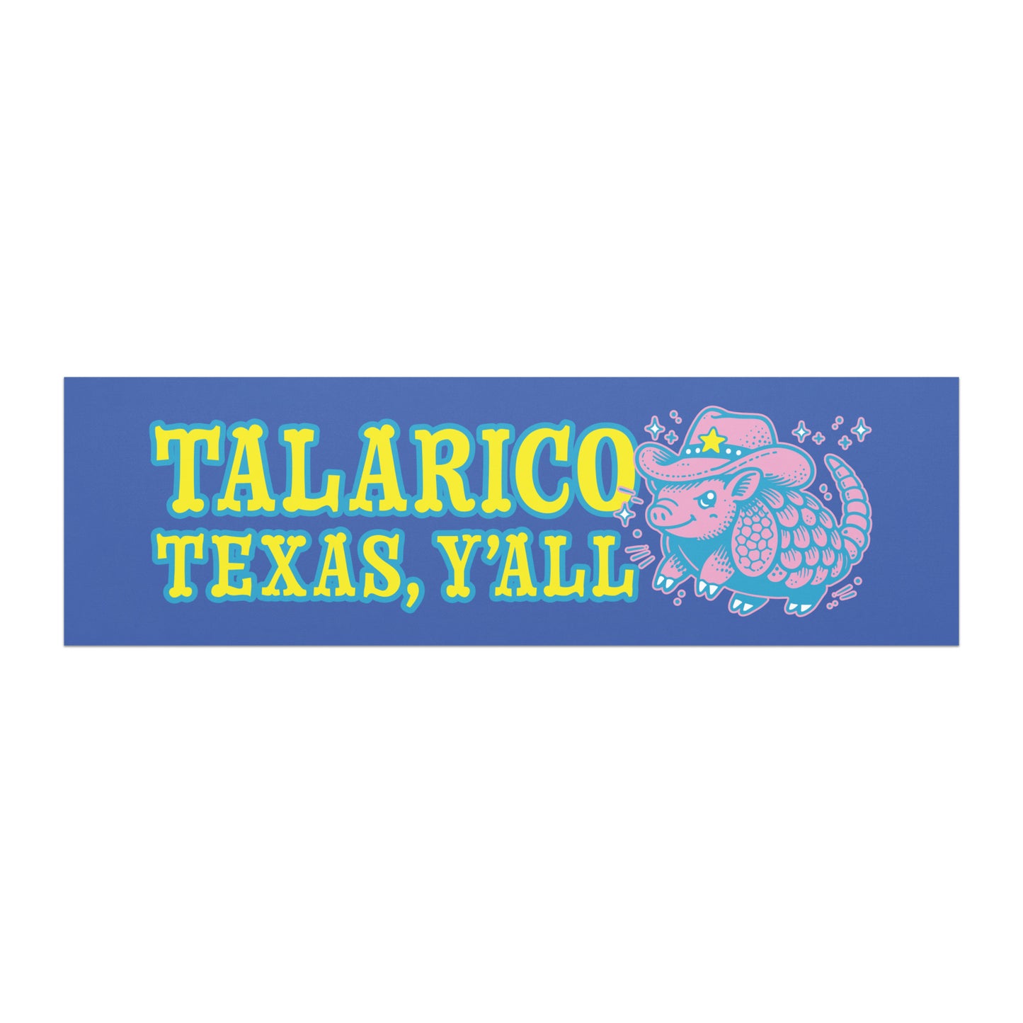 Rectangular car magnet featuring bold “Talarico Texas Y’all” text with colorful western armadillo wearing cowboy hat on blue background.