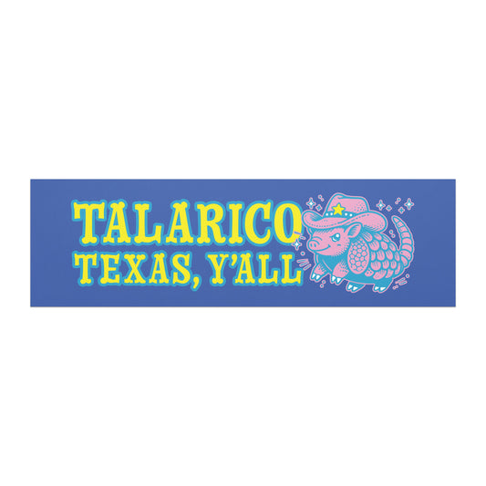 Rectangular car magnet featuring bold “Talarico Texas Y’all” text with colorful western armadillo wearing cowboy hat on blue background.