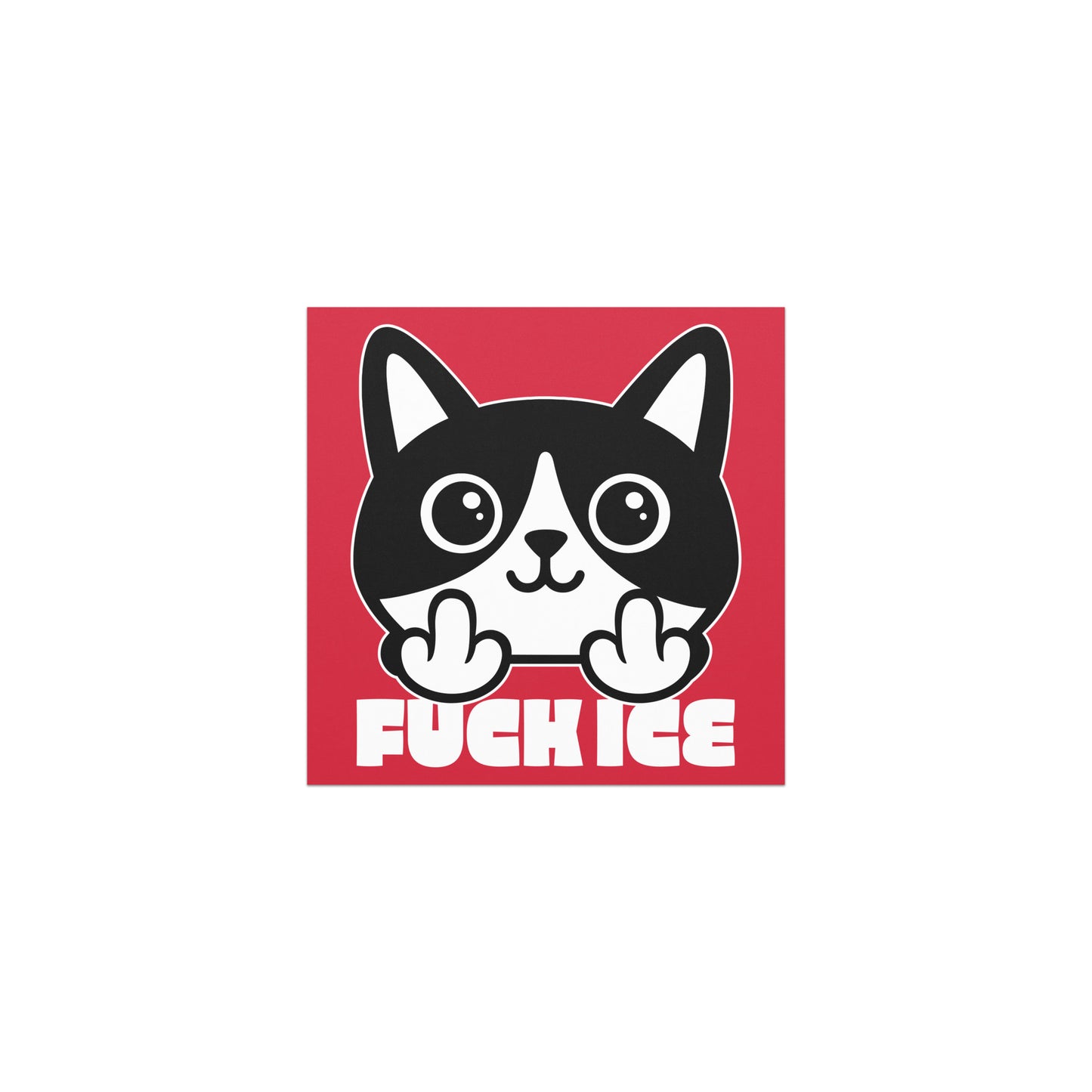 Square car magnet featuring bold graphic cartoon cat flipping the middle finger, thick white line art on red background, centered layout, printed message “FUCK ICE.”