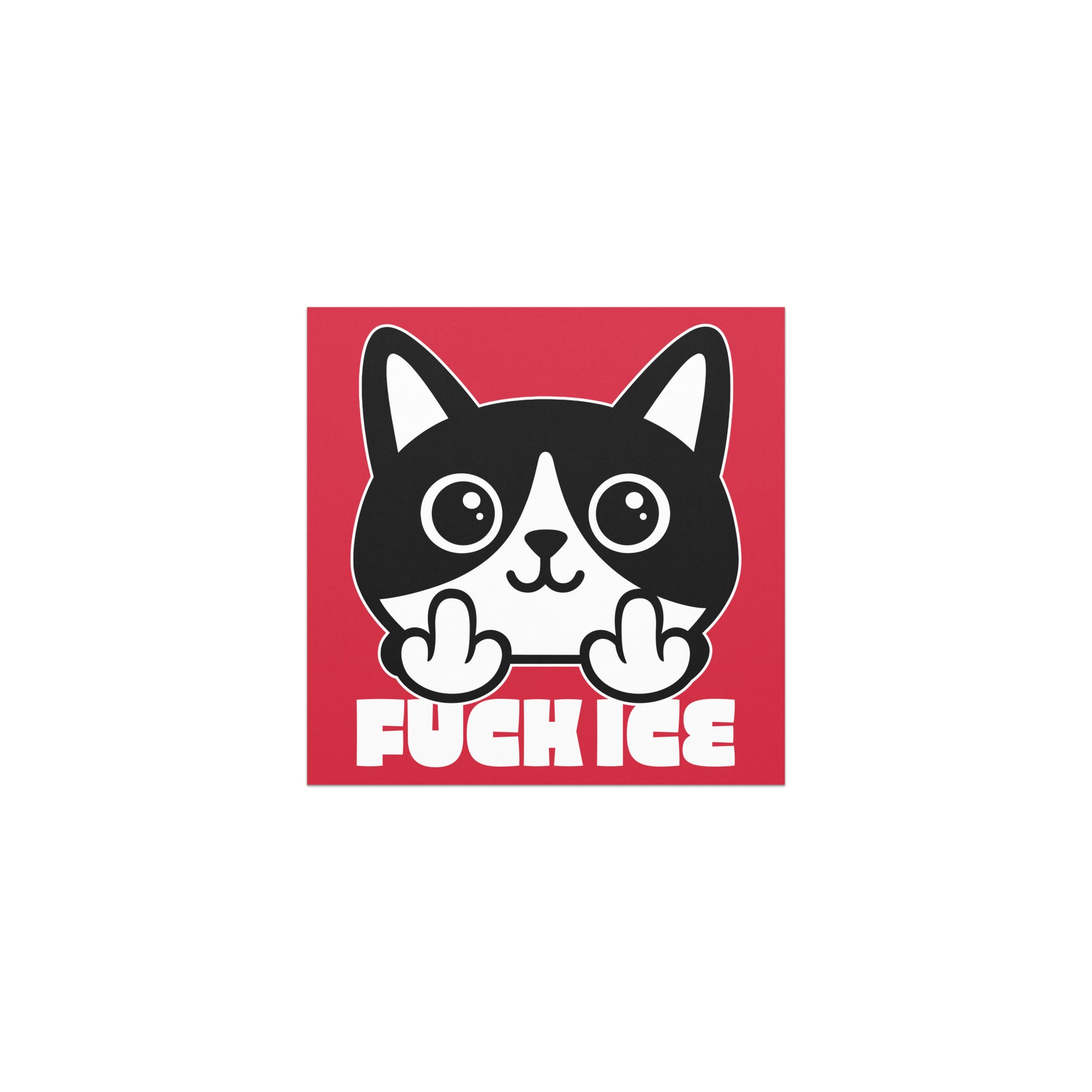 Square car magnet featuring bold graphic cartoon cat flipping the middle finger, thick white line art on red background, centered layout, printed message “FUCK ICE.”