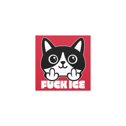 Square car magnet featuring bold graphic cartoon cat flipping the middle finger, thick white line art on red background, centered layout, printed message “FUCK ICE.”