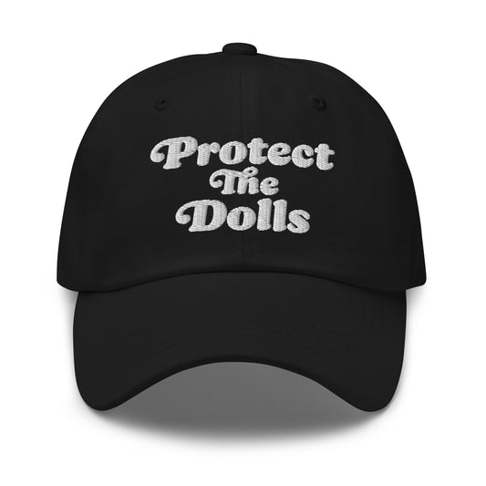 Front View Image: Protect The Dolls embroidered black dad hat front view