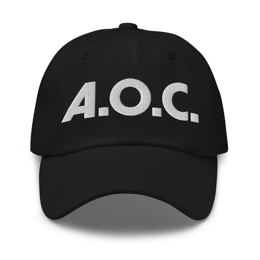 Front View Image: Black dad hat with bold white embroidered text reading “A.O.C.”
