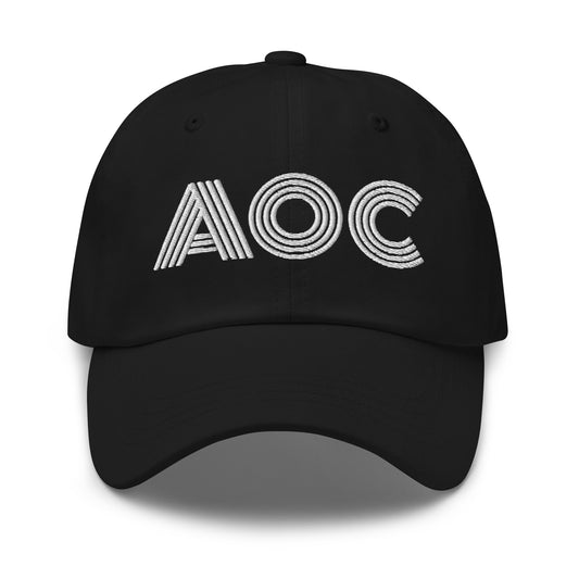 Front View Image: Black dad hat with white embroidered retro “AOC” design