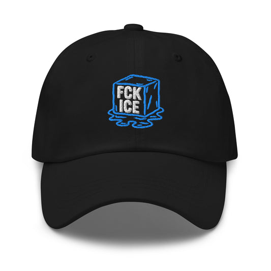 Front View Image: Embroidered dad hat featuring F*CK ICE melting cube graphic