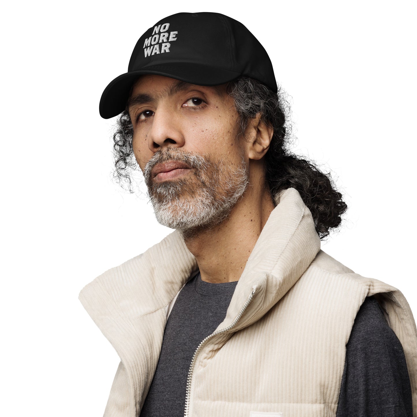 Male peace activist wearing the No More War Anti-War Peace Activist Dad Hat