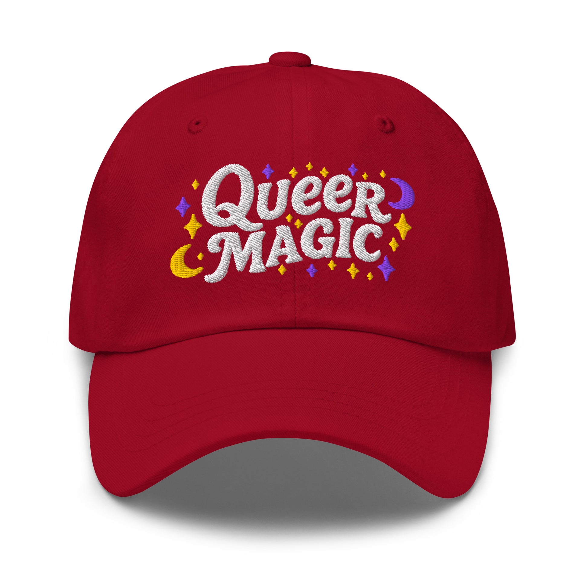 Front View Image: Front view of Queer Magic LGBTQ+ Pride Dad Hat with moon and stars graphic