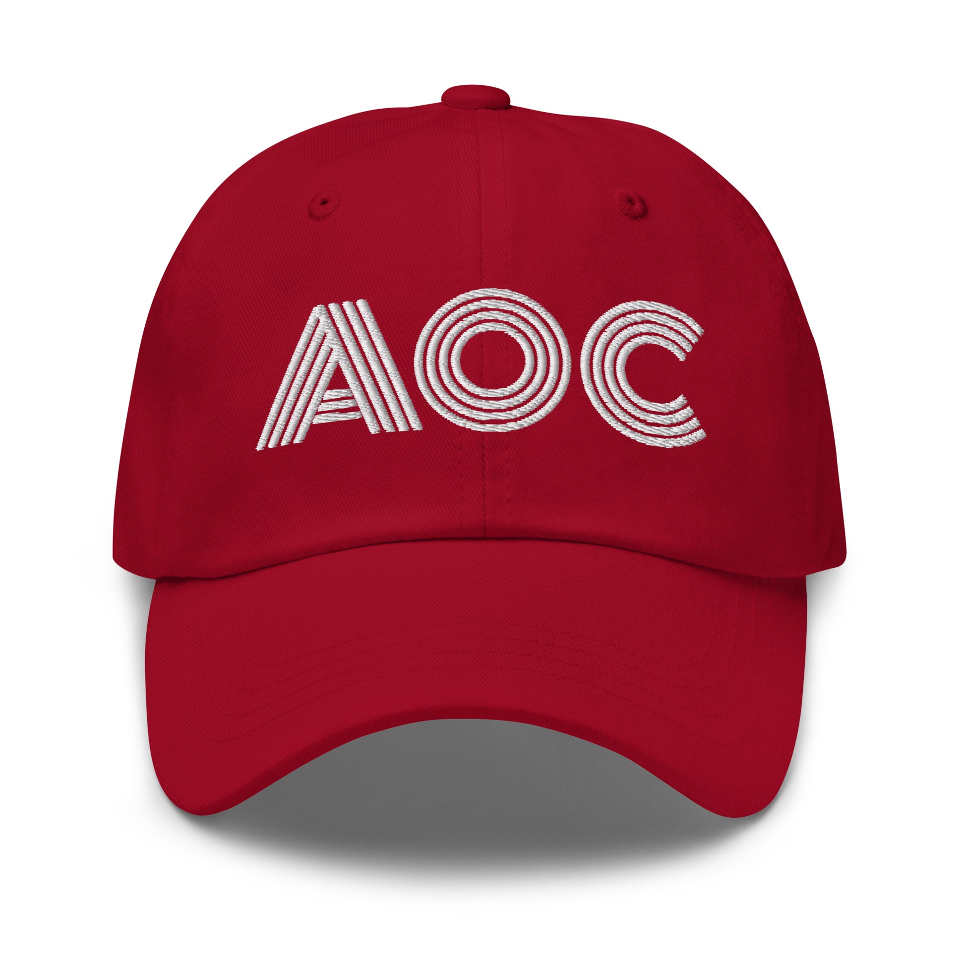 Front View Image: Black dad hat with white embroidered retro “AOC” design