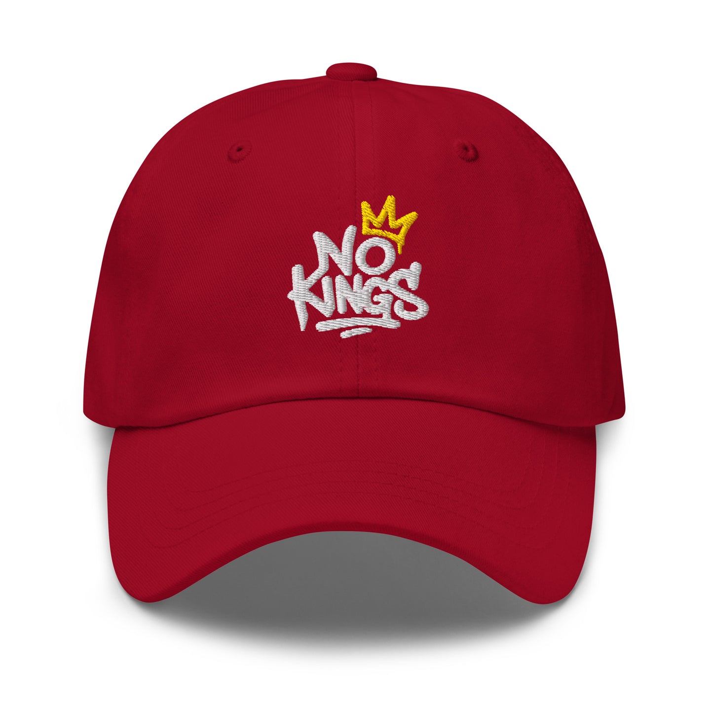 Front View Image: Black dad hat with graffiti-style "No Kings" and yellow crown
