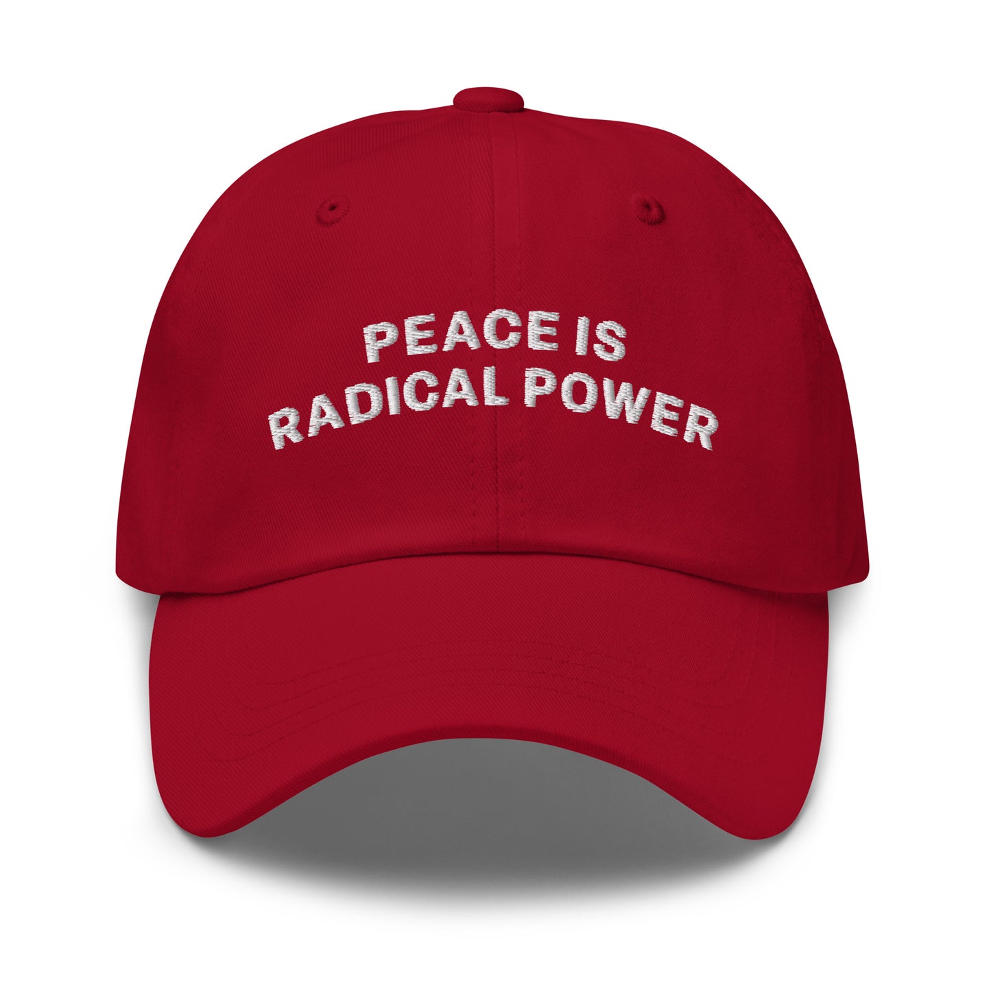 Front view of the "Peace Is Radical Power" Anti-War Dad Hat