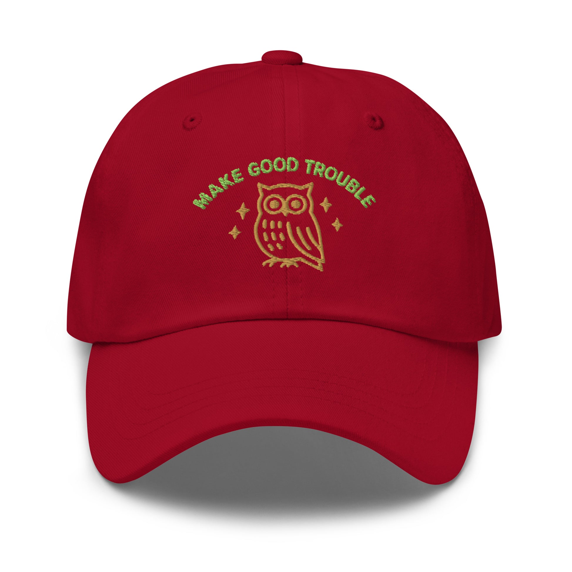 Front View Image: Front view of embroidered dad hat with “Make Good Trouble” text and golden owl - Cranberry Red