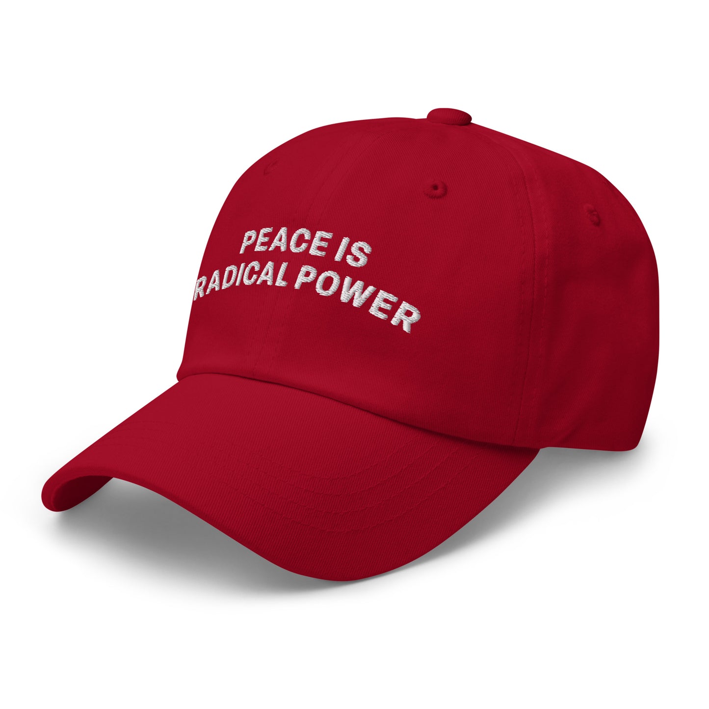 Side Front view of the "Peace Is Radical Power" Anti-War Dad Hat