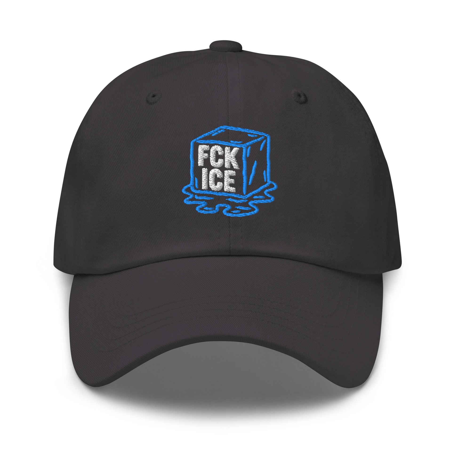 Front View Image: Embroidered dad hat featuring F*CK ICE melting cube graphic