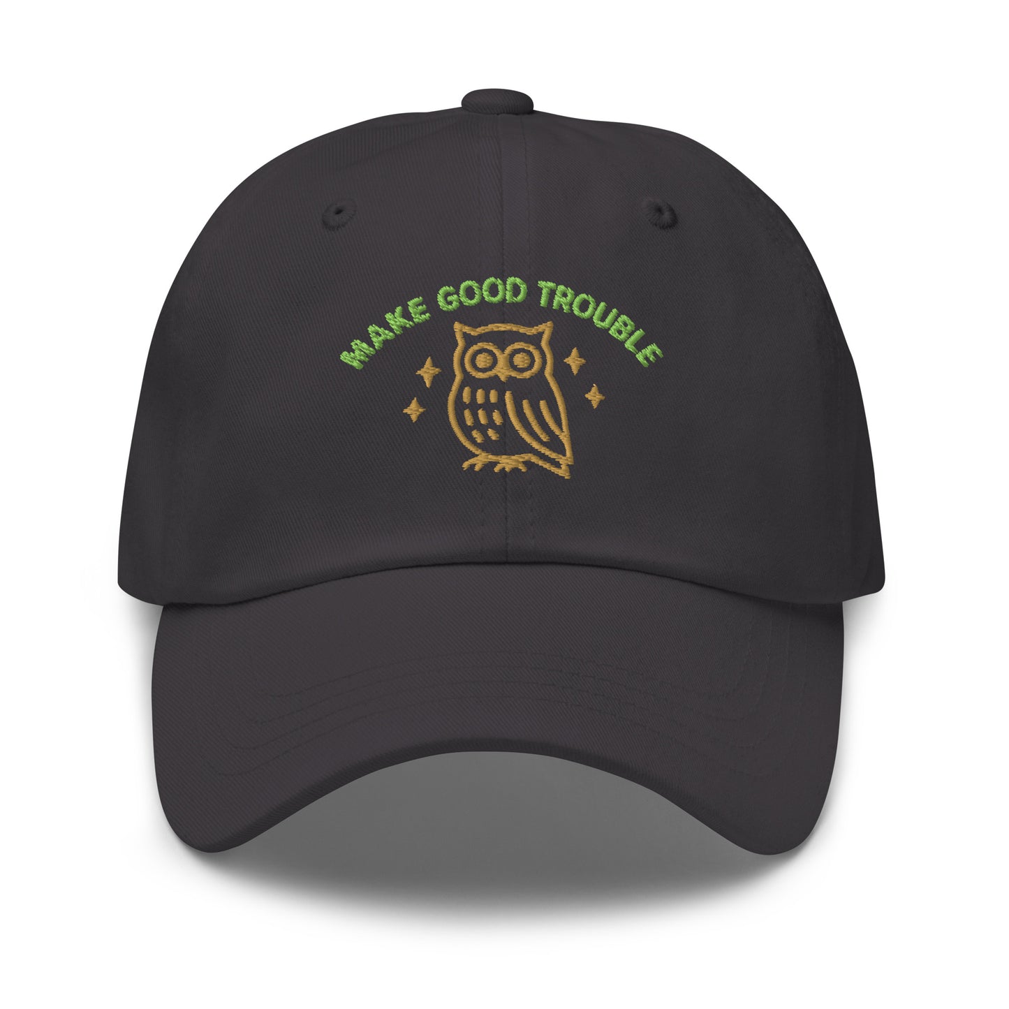 Front View Image: Front view of embroidered dad hat with “Make Good Trouble” text and golden owl - Grey