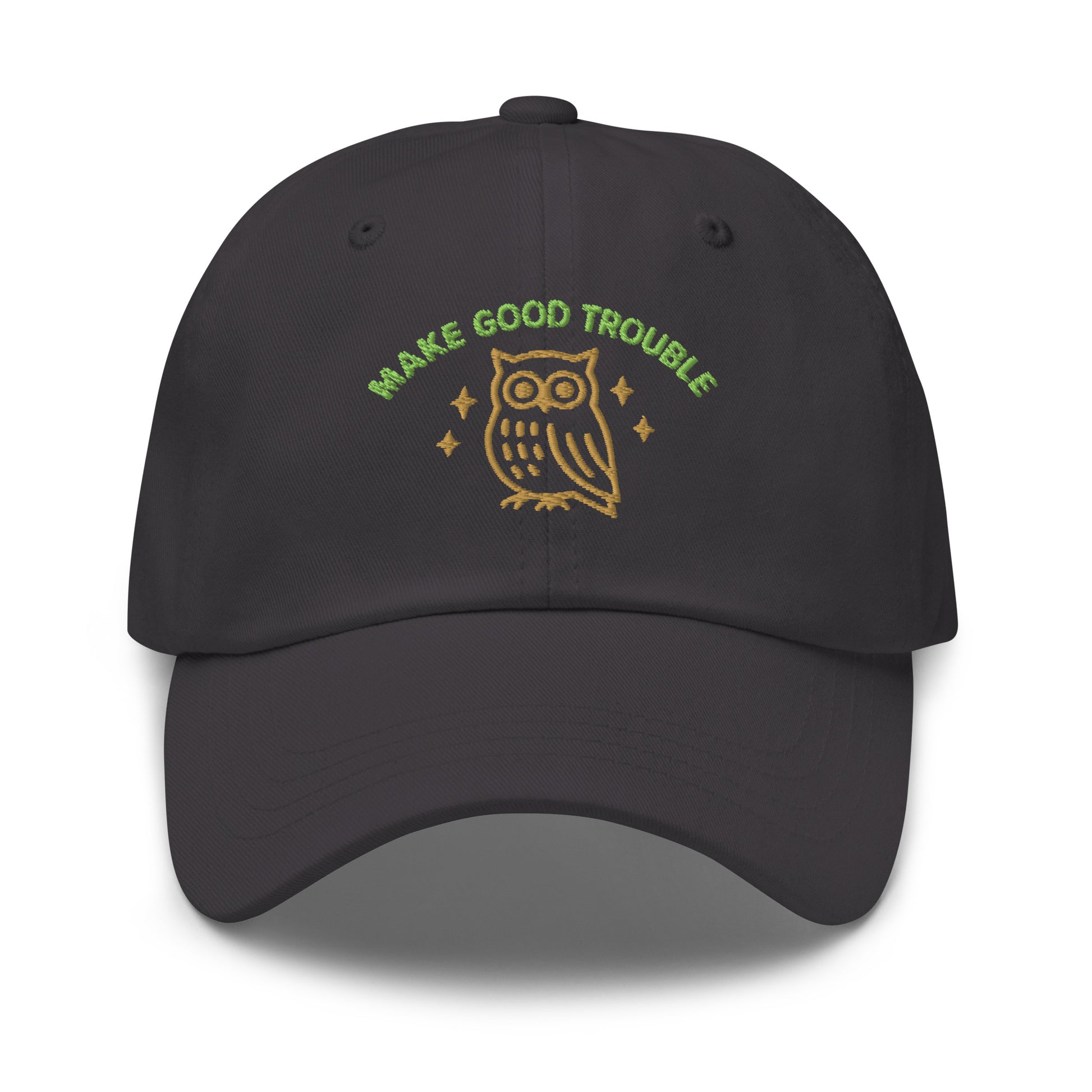 Front View Image: Front view of embroidered dad hat with “Make Good Trouble” text and golden owl - Grey