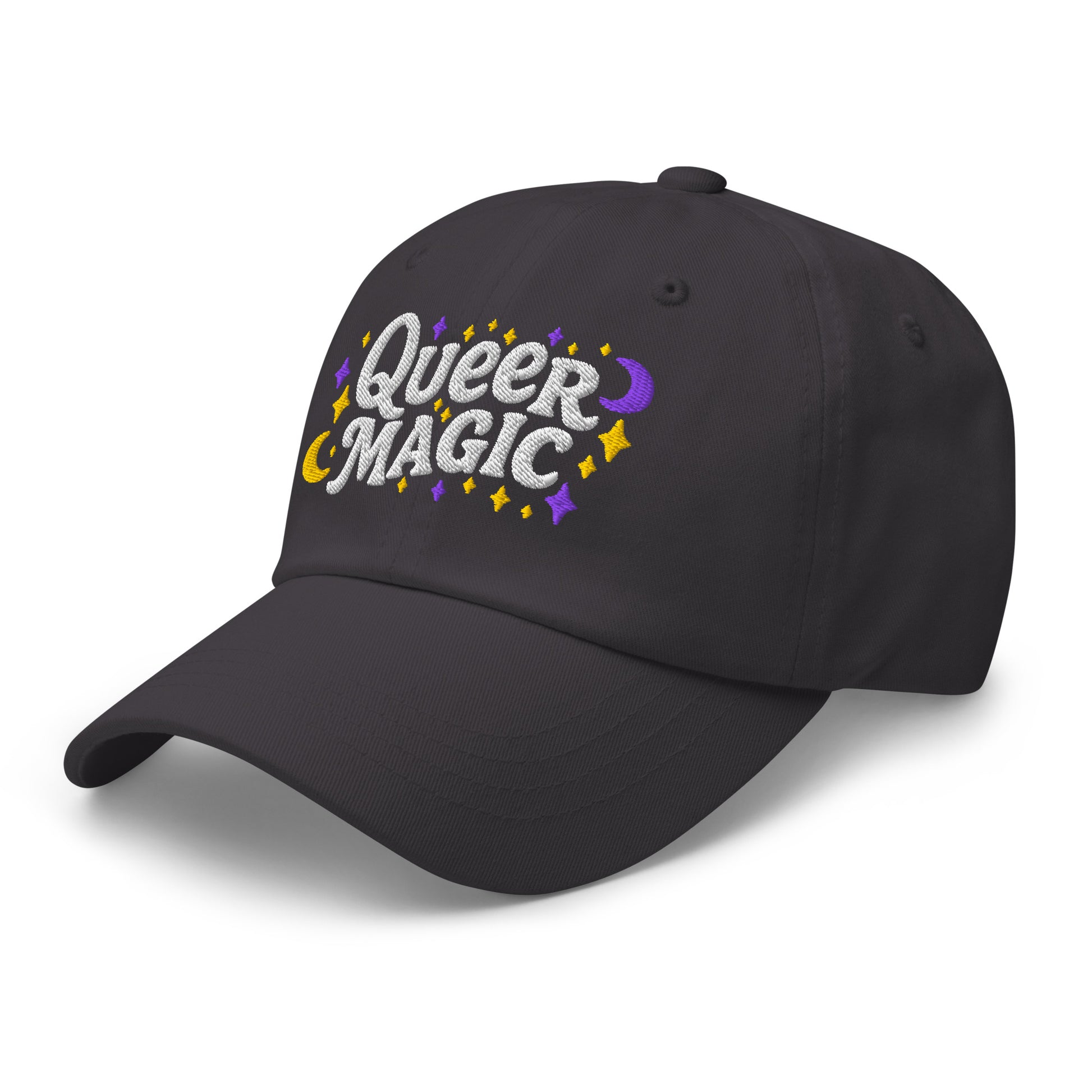Front Side View Image: Front view of Queer Magic LGBTQ+ Pride Dad Hat with moon and stars graphic