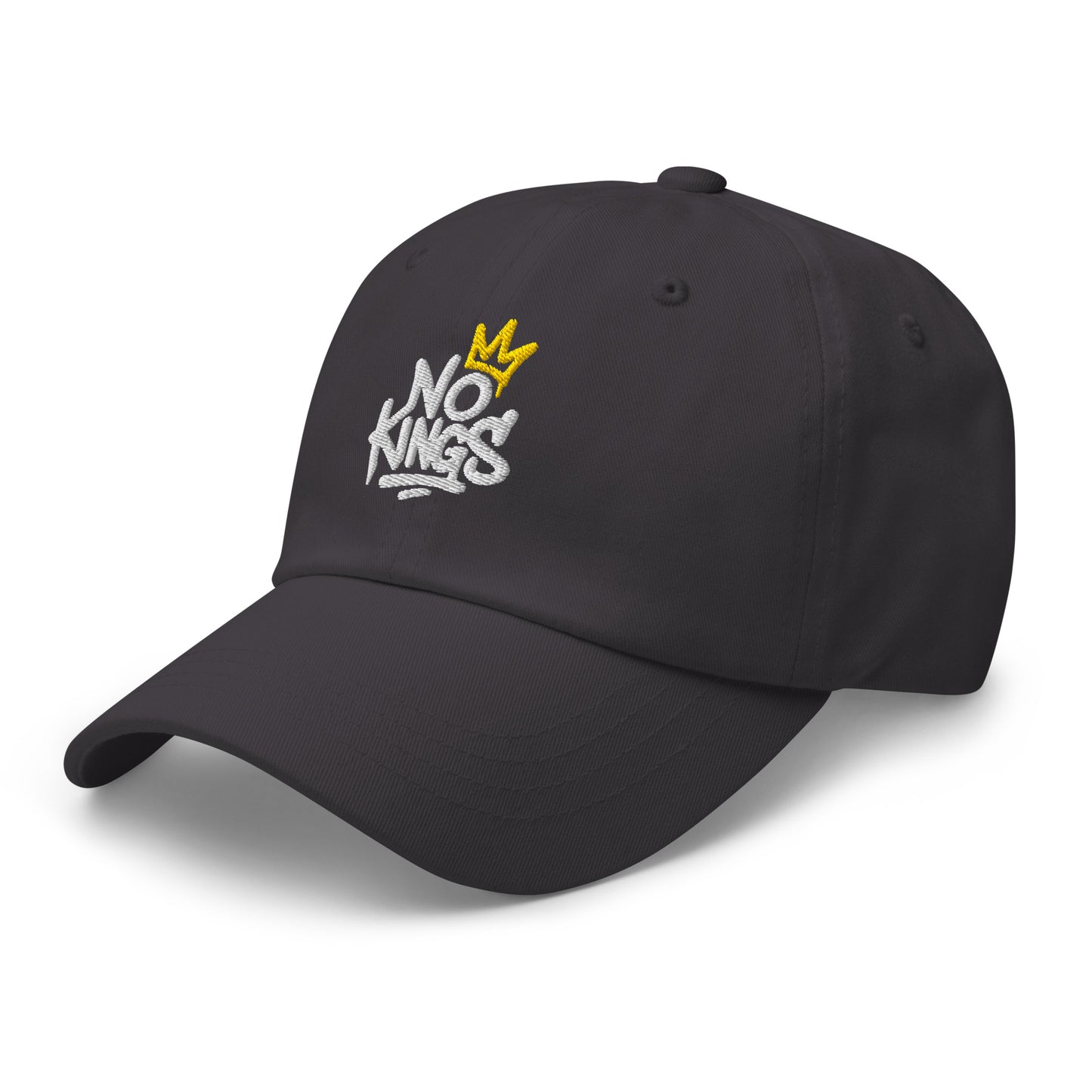 Side Front View Image: Black dad hat with graffiti-style "No Kings" and yellow crown